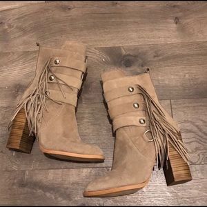 Tan Zara Boots w/ Military & Fringe Embellishments